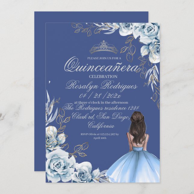 Quinceañera Birthday Royal Blue Inbjudningar (Fram/baksida)