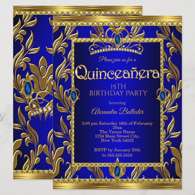 Quinceanera Birthday Royal Blue Jewel Tiara Guld Inbjudningar (Fram/baksida)