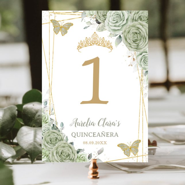 Quinceañera Birthday Sage Grönt Blommigt Butterfli Bordsnummer (Skapare uppladdad)
