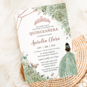 Quinceañera Birthday Sage Grönt Blommigt Ro Guld Inbjudningar