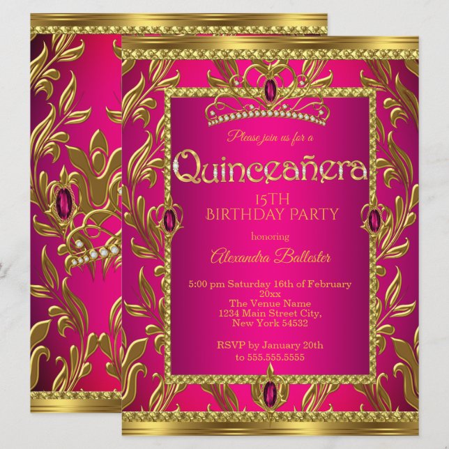 Quinceanera Birthday Shock rosa Jewel Tiara Guld Inbjudningar (Fram/baksida)