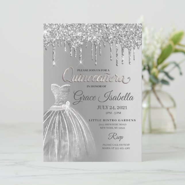 Quinceanera Birthday, silver Glitter Inbjudningar (Stående Fram)