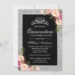 Quinceanera Birthday Silver Gnistra Blommigt Inbjudningar