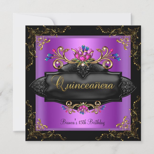 Quinceanera Birthday Spot Lila Lilac Guld Blommigt Inbjudningar (Framsida)