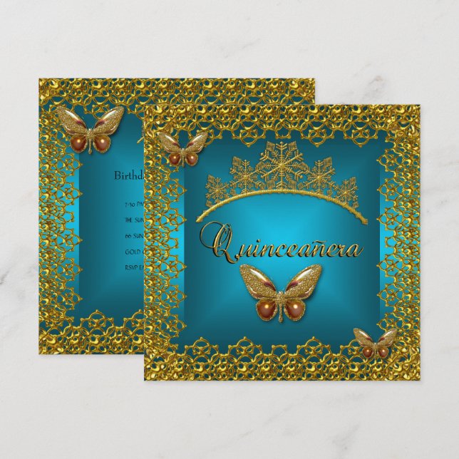 Quinceanera Birthday Teal Guld Tiara Butterfly Inbjudningar (Fram/baksida)