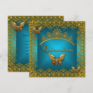 Quinceanera Birthday Teal Guld Tiara Butterfly Inbjudningar