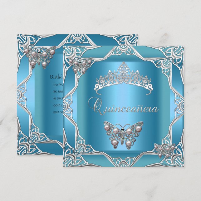Quinceanera Birthday Teal Silver Tiara Butterfly Inbjudningar (Fram/baksida)