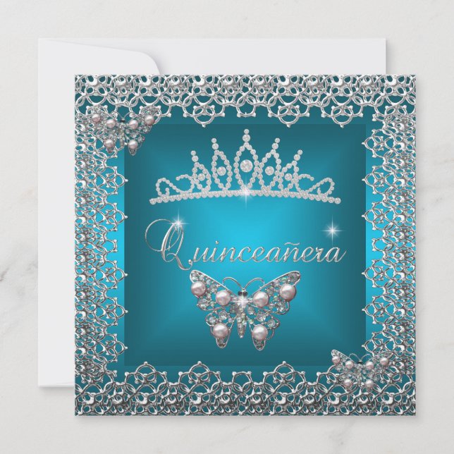 Quinceanera Birthday Teal Silver Tiara Butterfly Inbjudningar (Framsida)