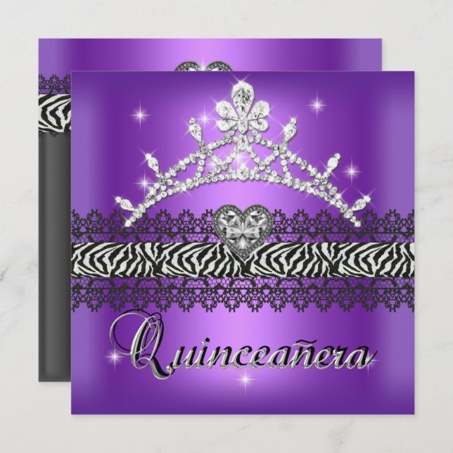 Quinceanera Birthday Zebra Lila Black White Inbjudningar (Fram/baksida)