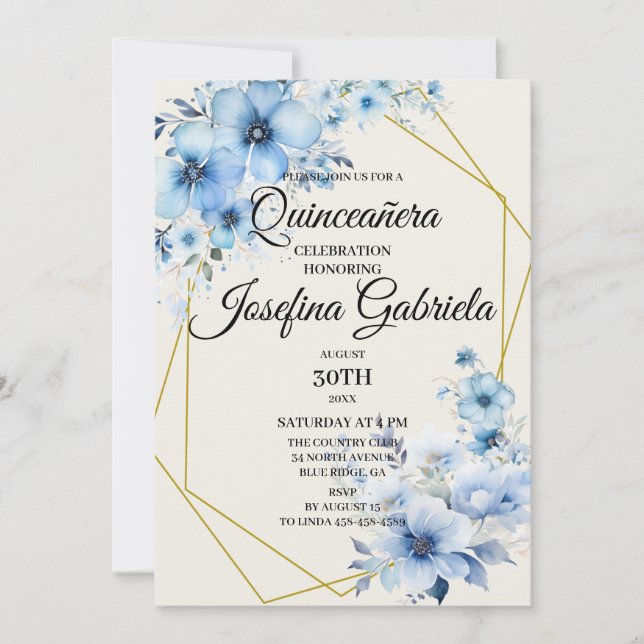 Quinceañera blå blommig inbjudan (Framsida)