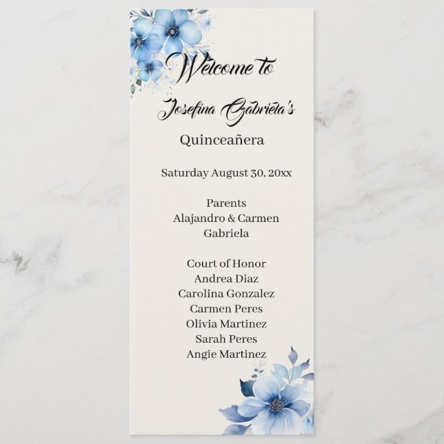 Quinceanera blå dubbelsidig programkort  program (Framsida)