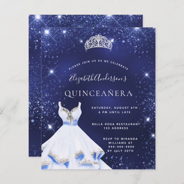 Quinceanera blå glitterklänning inbjudan (Fram/baksida)