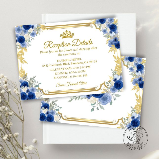 Quinceanera Blå Guld Blommig Inneslutningskort (Skapare uppladdad)