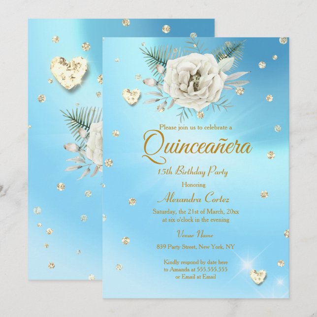 Quinceanera Blå Guld Glitter Ros Blommig Inbjudningar (Fram/baksida)