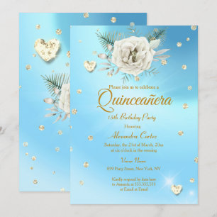 Quinceanera Blå Guld Glitter Ros Blommig Inbjudningar
