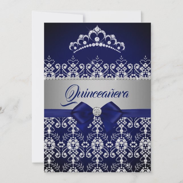 Quinceanera Blå Navy Glitter Diamant Tiara Bow Inbjudningar (Framsida)