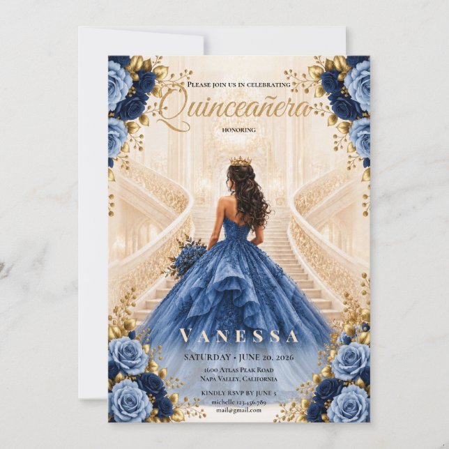 Quinceanera Blå och Guld Inbjudan (Framsida)