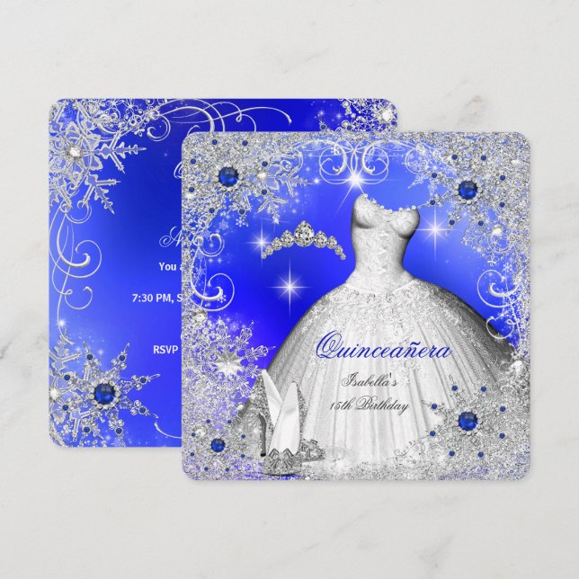 Quinceanera Blå Pärl Silver Vinter Snöflingor Inbjudningar (Fram/baksida)