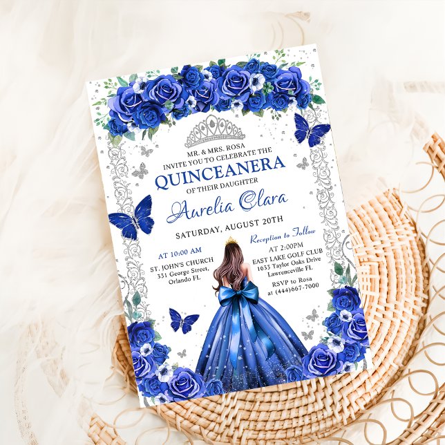 Quinceañera Blå Rosor Blommig Prinsessa Fjärilar Inbjudningar (Skapare uppladdad)