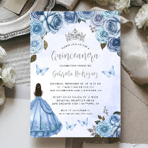 Quinceañera Blå Silver Blommig Akvarell