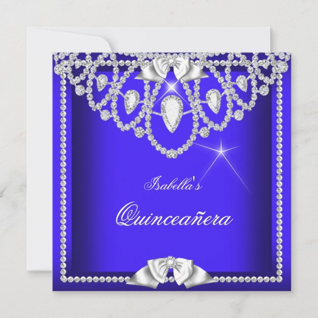 Quinceanera Blå Silver Diamant Fest 15-års 3 Inbjudningar (Framsida)