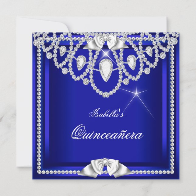 Quinceanera Blå Silver Diamant Fest 15-årsdag Inbjudningar (Framsida)