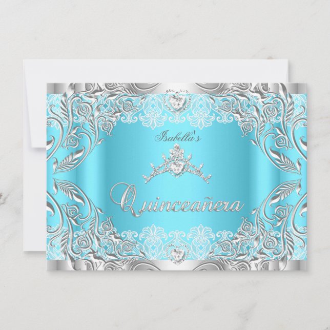 Quinceanera Blå Silver Diamant Tiara 15:e Fests 2 Inbjudningar (Framsida)