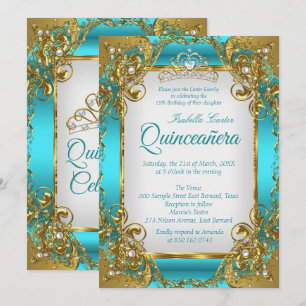 Quinceañera Blå Turkos Guld Pärl Tiara Fest Inbjudningar