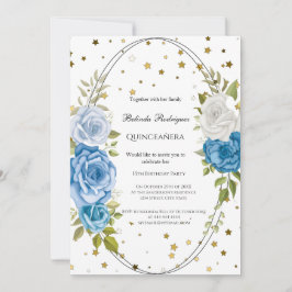 Quinceañera Blåa blommor guld stjärnor Inbjudningar
