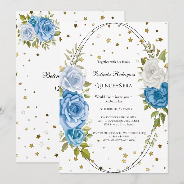 Quinceañera Blåa blommor guld stjärnor Inbjudningar (Fram/baksida)