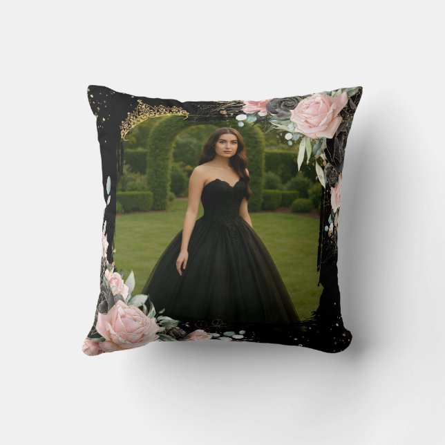 Quinceanera Black and Blush Pink Floral Photo Kudde (Baksida)