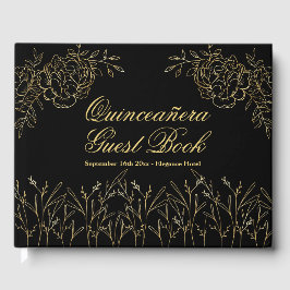 Quinceanera Black and Guld Elegant Sketched Blommi Gästböcker