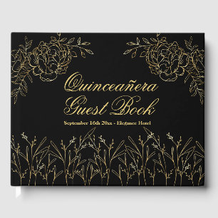 Quinceanera Black and Guld Elegant Sketched Blommi Gästböcker