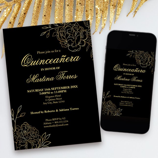 Quinceanera Black and Guld Outline Flowers Blommig Inbjudningar (Black and Gold Quinceanera Invitation, from my Gold Sketched Floral collection)