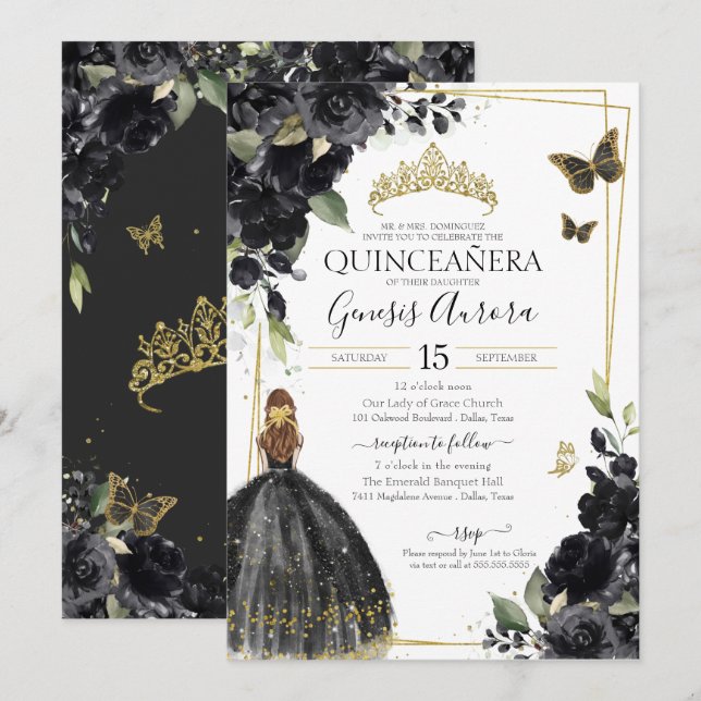 Quinceañera Black Blommigt Butterfly, Girl in Dres Inbjudningar (Fram/baksida)