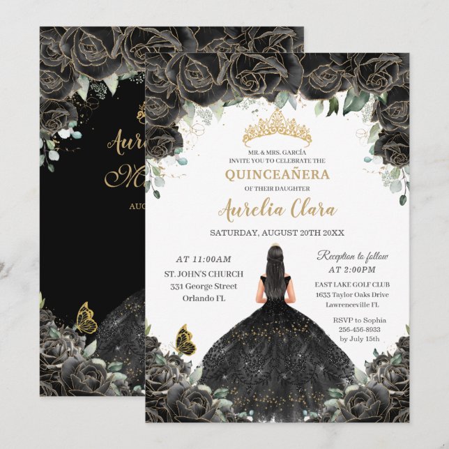 Quinceañera Black Blommigt Flowers Girl Dress Guld Inbjudningar (Fram/baksida)