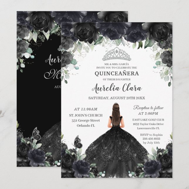 Quinceañera Black Blommigt Flowers Girl Dress Silv Inbjudningar (Fram/baksida)