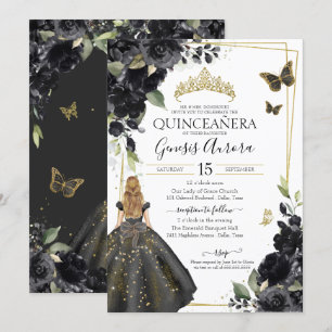 Quinceañera Black Blommigt Guld Butterfly Dress In Inbjudningar