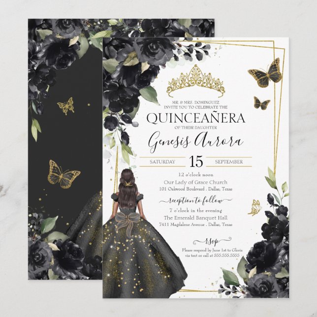 Quinceañera Black Blommigt Guld Butterfly Dress Inbjudningar (Fram/baksida)