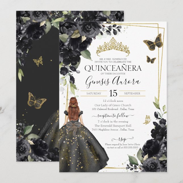 Quinceañera Black Blommigt Guld Butterfly Dress Inbjudningar (Fram/baksida)