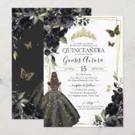 Quinceañera Black Blommigt Guld Butterfly Dress Inbjudningar