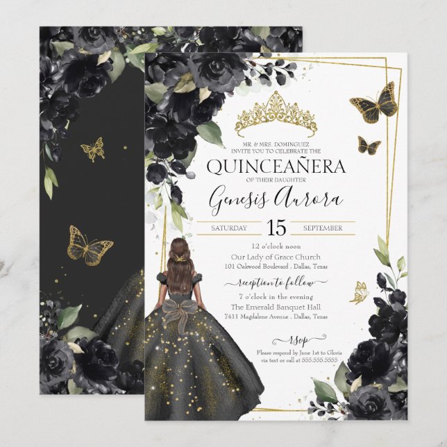 Quinceañera Black Blommigt Guld Butterfly Dress Inbjudningar (Fram/baksida)