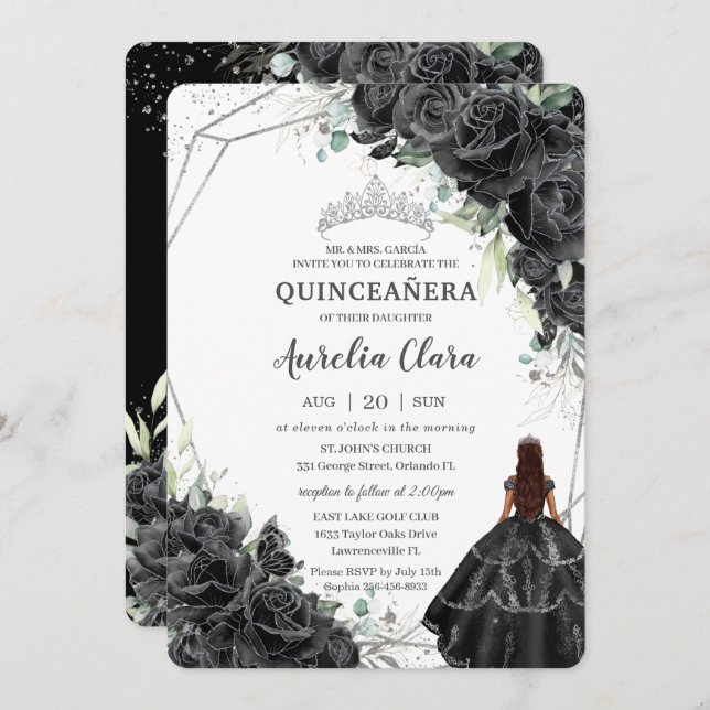 Quinceañera Black Blommigt Ro Brown Tan Princess Inbjudningar (Fram/baksida)