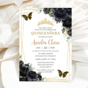 Quinceañera Black Blommigt Ro Butterflies Guld Inbjudningar