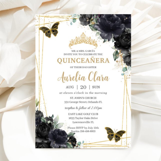 Quinceañera Black Blommigt Ro Butterflies Guld Inbjudningar (Skapare uppladdad)