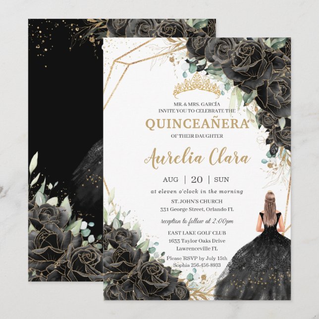 Quinceañera Black Blommigt Ro Dress Guld Krona I Inbjudningar (Fram/baksida)
