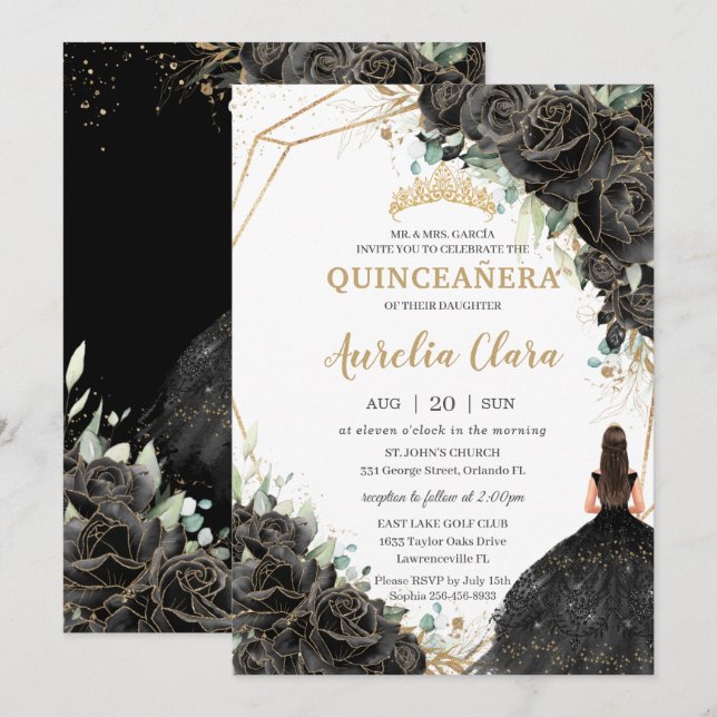 Quinceañera Black Blommigt Ro Dress Guld Krona Inbjudningar (Fram/baksida)