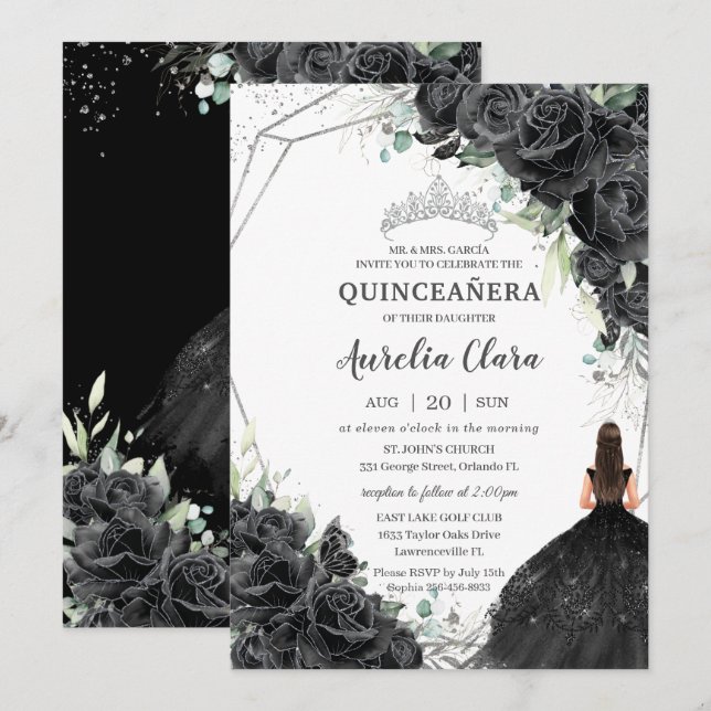 Quinceañera Black Blommigt Ro Dress Silver Krona Inbjudningar (Fram/baksida)