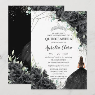 Quinceañera Black Blommigt Ro Dress Silver Krona Inbjudningar
