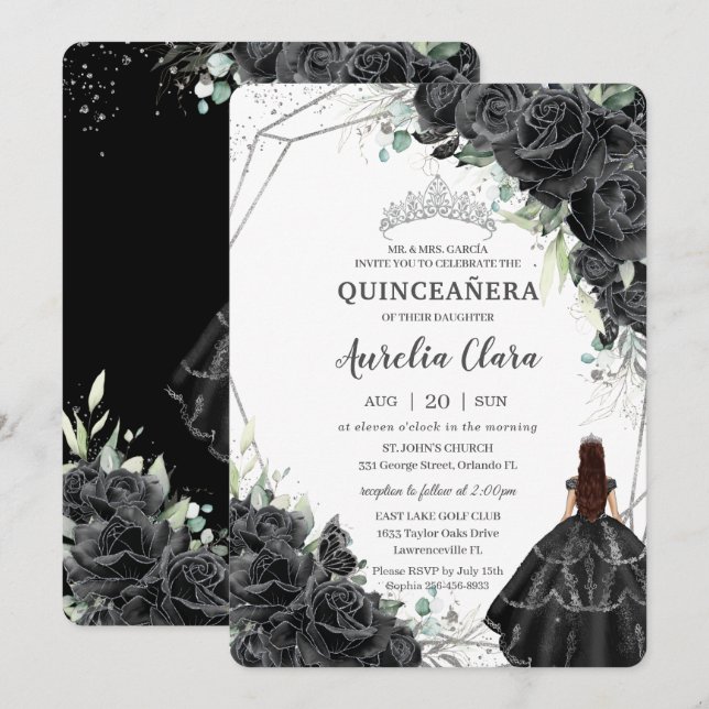 Quinceañera Black Blommigt Ro Gown Silver Krona Inbjudningar (Fram/baksida)